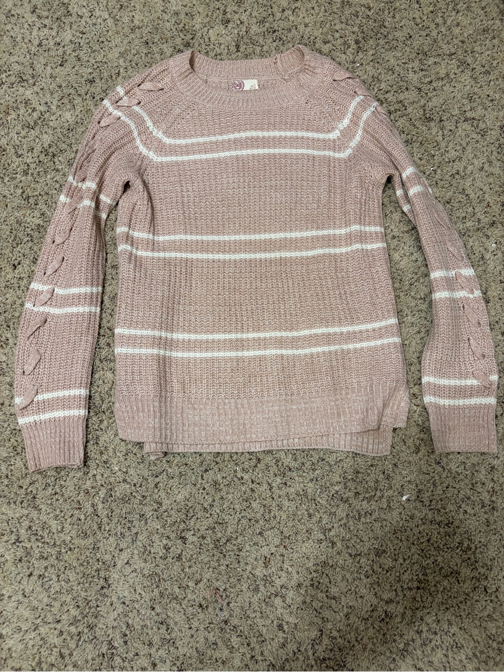 SO Pink and Cream Striped Cable-Sleeve Crew Sweater